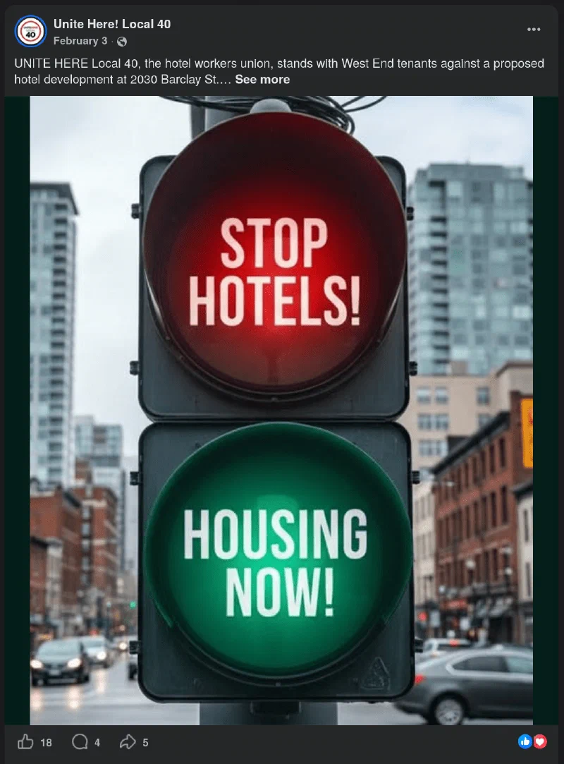 AI-generated 'Stop Hotels / Housing now' traffic-light image