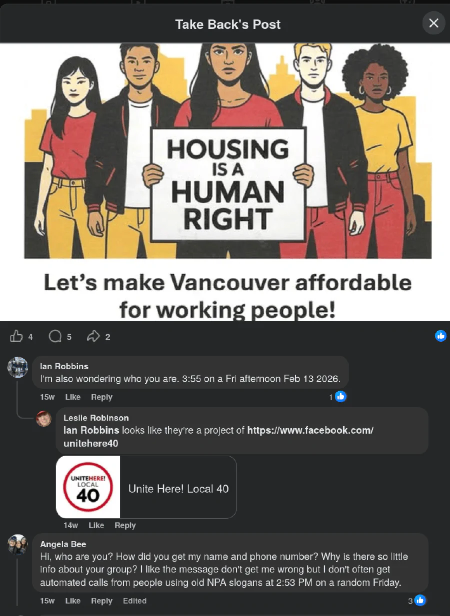 Facebook commenters asking who is behind Take Back Vancouver
