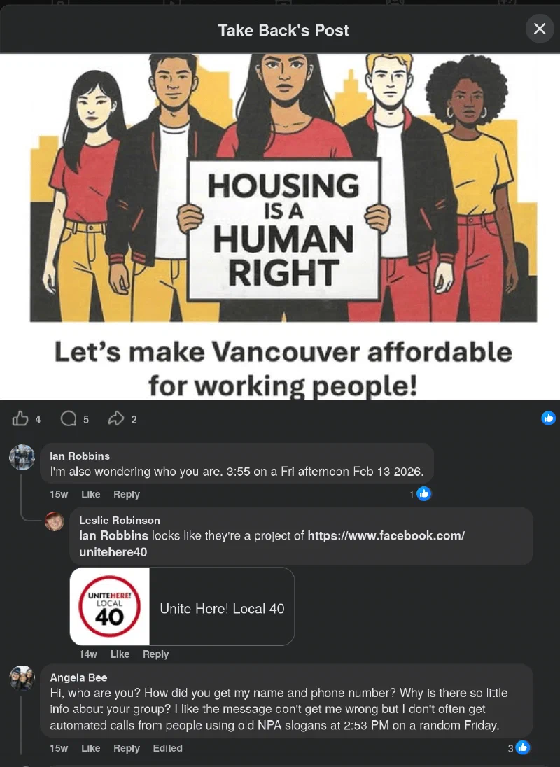 Facebook commenters asking who is behind Take Back Vancouver